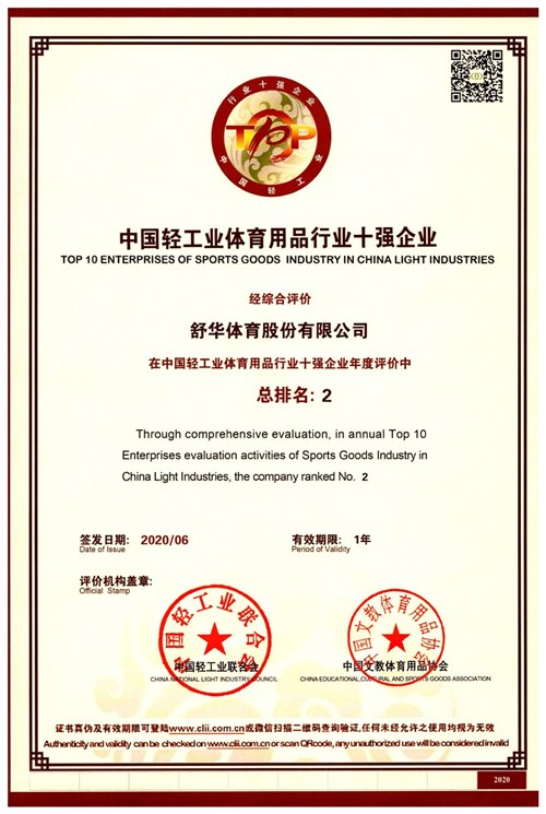 恭贺快盈VIII代理的品牌-舒华荣获"中国轻工业体育用品行业十强企业"